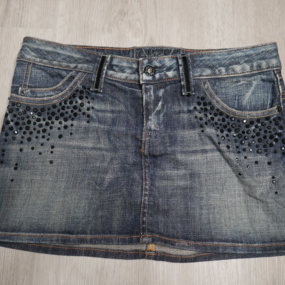 Y2K Guess Premium Jean Skirt Womens Size 24 Rhinestones Mini Skirt